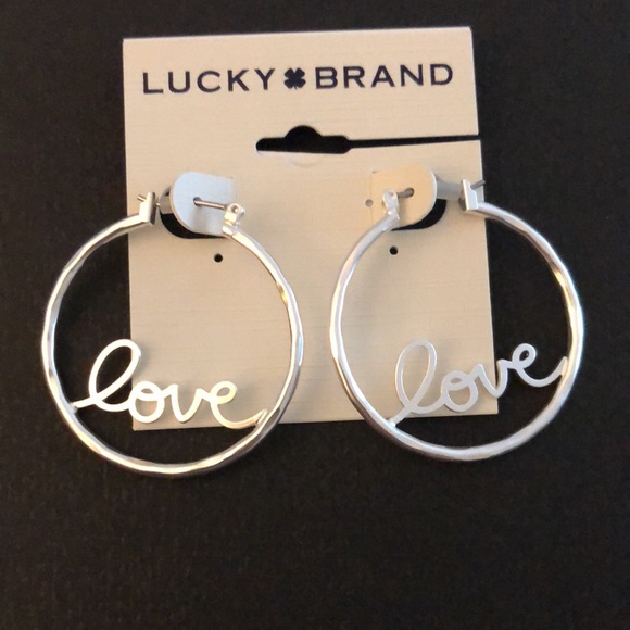 Lucky Brand Silver Tone Hoop Earrings Love In Cursive Script NWT - Picture 4 of 10
